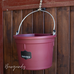 Load image into Gallery viewer, Burgundy bucket with 'Hay Chix' logo hanging on a wooden wall
