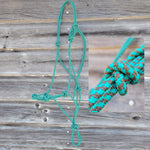 Load image into Gallery viewer, Turquoise and brown standard horse size four-knot rope halter.
