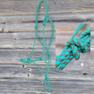 Turquoise and brown standard horse size four-knot rope halter.
