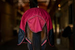 Load image into Gallery viewer, Horse wearing a red and black medium weight, 200g polyfil, 1200D turnout blanket in a stable. Features a large tail flap.
