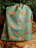 Load image into Gallery viewer, Western Christmas Reusable Gift Bag - Green Longhorns/Ponies
