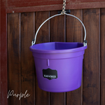 Load image into Gallery viewer, Purple bucket with 'Hay-Chix' label hanging on a wooden door
