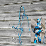 Load image into Gallery viewer, Blue, silver, and black yearling size four-knot rope halter.
