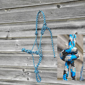 Blue, silver, and black yearling size four-knot rope halter.