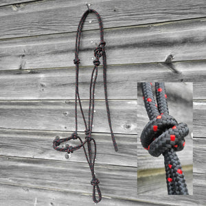 Red and black large horse size four-knot rope halter.