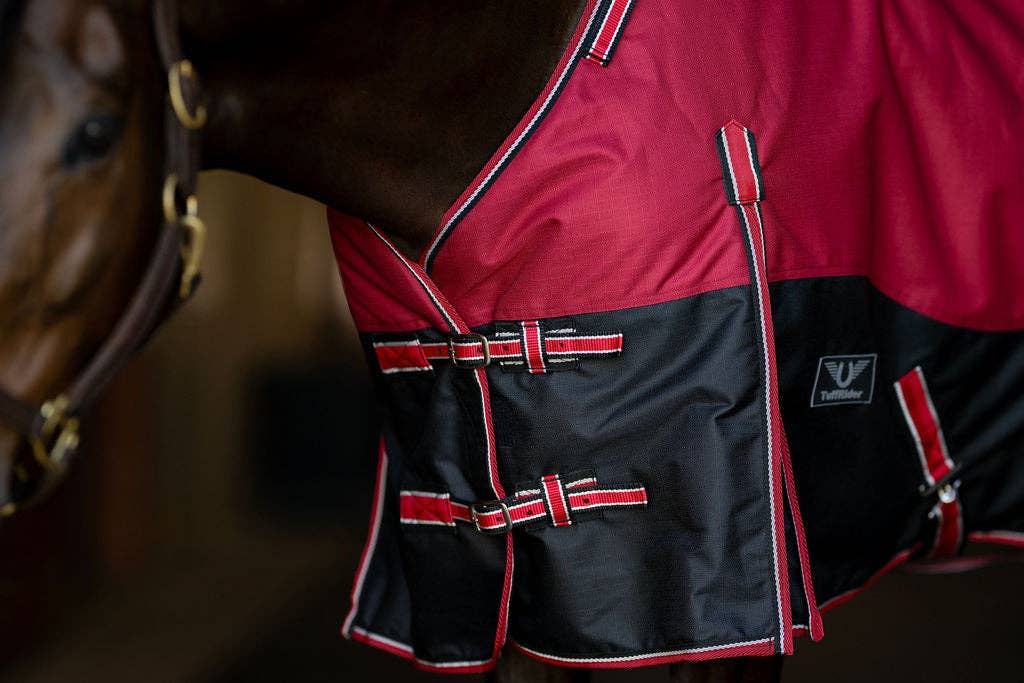 Horse wearing a red and black medium weight, 200g polyfil, 1200D turnout blanket in a stable.