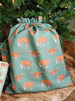 Load image into Gallery viewer, Western Christmas Reusable Gift Bag - Green Longhorns/Ponies
